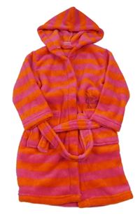Tmavorůžovo/oranžový pruhovaný plyšový župan s mořským živočichem a kapucí alive