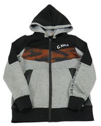 Šedo-army-černá melírovaná propínací sportovní mikina s nápisem a kapucí Chapter young