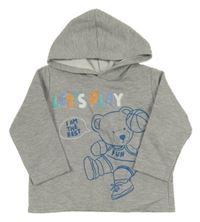 Šedá melírovaná mikina s medvídkem a nápisy a kapucí 