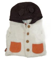 Nové - bílá huňatá podšitá vesta s kapucí s oušky boboli