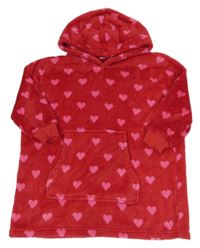 Červená plyšová oversize dlouhá mikina se srdíčky a kapsou a kapucí M&S