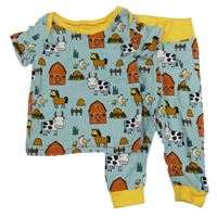 Světlemodro-tmavožluté pyžamo s farmou 