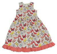 Bílé šaty s motýlky a lososovým volánkem s puntíky Kids
