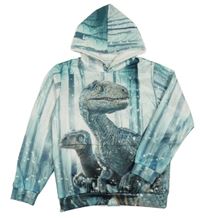Olivovošedo-bílá mikina s dinosaury a kapsou a kapucí