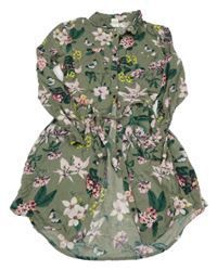 Khaki propínací košilové šaty s kytičkami a motýlky a páskem H&M