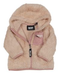 Světlerůžová chlupatá bunda s logem a kapucí DKNY