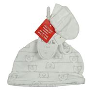 2set- Bílá čepice s medvídky + Bílé novorozenecké rukavice Tu