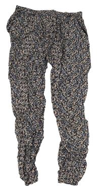 Černo-modro-růžové květované lehké kalhoty Primark
