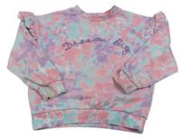 Růžovo-lila-tyrkysová batikovaná mikina s nápisem a volánky zn. Primark