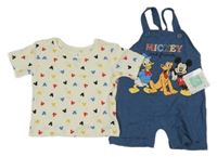 Nové - 2set - Tmavomodré teplákové laclové kraťasy s Mickeym a přáteli + krémové tričko Disney