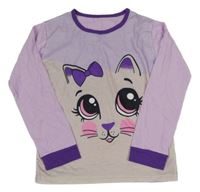 Lila-šedé pyžamové triko s kočkou