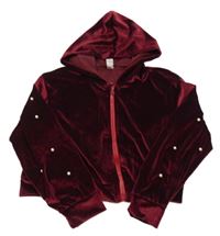 Vínová sametová propínací mikina s perlami na rukávech a kapucí Shein