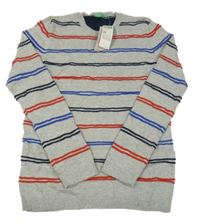 Nové - Šedo-modro-červený pruhovaný vlněný svetr Benetton