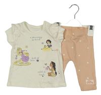 Nové - 2set - Smetanové tričko s Disney princeznami + růžové puntíkaté žebrované legíny George