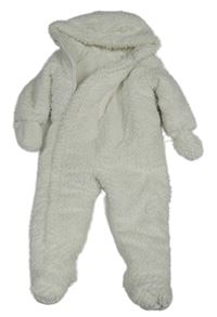 Bílá chlupatá zateplená kombinéza s kapucí + rukavice Mothercare