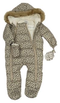 Nové - béžová šusťáková zimní leopardí kombinéza s kapucí + rukavice F&F