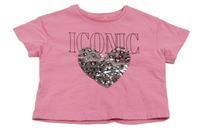 Růžové crop tričko s nápisem a srdcem z flitrů Nutmeg