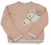 Růžový chlupatý svetr s koníkem kids