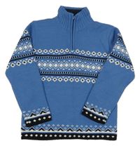 Modrý vzorovaný vlněný podšitý thermo svetr 