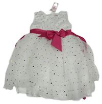 Nové - Bílé vzorované třpytivé tylové slavnostní šaty s růžovou mašlí a páskem 