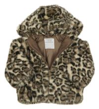 Béžovo-hnědá leopardí kožešinová podšitá bunda s kapucí Primark