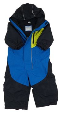 Modro-tmavomodro-neonově žlutá šusťáková zimní kombinéza s kapucí Topomini