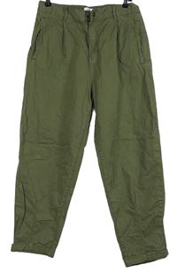 Pánské khaki plátěné loose pleated kalhoty Bershka 