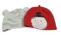 2x bavlněná čepice červená se Santa Clausem+ světlešedá s mráčky