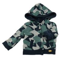 Tmavomodro-zeleno-šedý vzorovaný zateplený propínací svetr s kapucí 