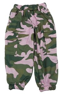 Khaki-růžové army  teplákové kalhoty s kapsami 