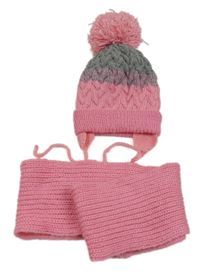 2set - Růžovo-šedá čepice + nákrčník