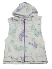 Bílo-lila-zelená propínací vesta s nápisy a kapucí 