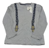 Nové - Bílo-tmavomodré pruhované triko s kšandami Topolino