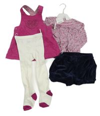 Nové - 4set - Fuchsiové manšestrové šaty + halenka sametové kraťasy + punčocháče C&A