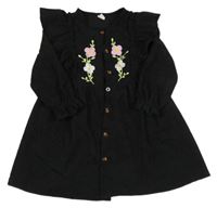 Černé žebrované propínací šaty s výšivkami květů a volánky Shein