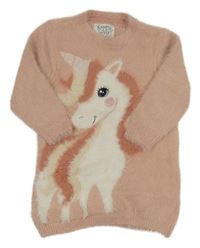 Světlerůžové pleteno/chlupaté šaty s jednorožcem C&A