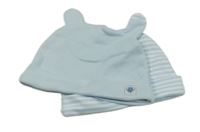 Nové - 2set - 2x čepička s oušky - světlemodrá - světlemodro-bílá pruhovaná 