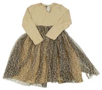 Nové - Béžovo bavlněno/tylové šaty s leopardím vzorem River Island