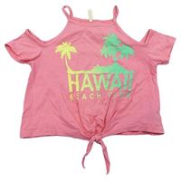 Růžové crop tričko s volnými rameny a palmami Yd.