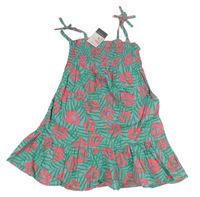 Světlemodro-zeleno-růžové květované žabičkové plátěné šaty Primark 