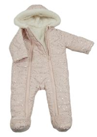 Světlerůžová šusťáková prošívaná zimní bunda se srdíčky a kapucí Dunnes