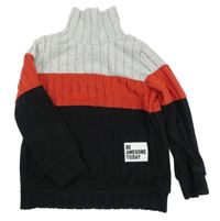 Černo-šedo-červený žebrovaný svetr s rolákem 