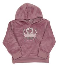 Růžová plyšová mikina s labutěmi a kapucí 
