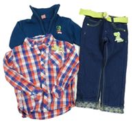 3set - Petrolejový propínací svetr + kostkovaná košile + tmavomodré rifle s páskem Kiki&Koko