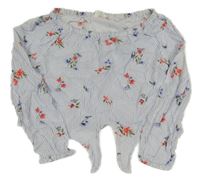 Bílo-světlemodrá proužkovaná crop halenka s kytičkami a uzlem H&M