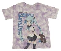 Fialovo-bílé batikované tričko Hatsune Miku