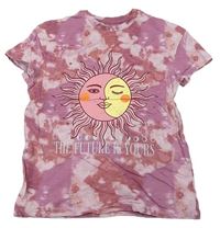 Světlerůžovo-růžovo-starorůžovo-skořicové batikované melírované tričko se sluncem Tu