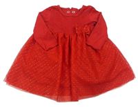 Červené bavlněno/tylové šaty s mašlí a puntíky C&A