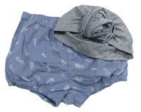 2Set - Tmavomodro/šedé plátěné kraťasy s pírky H&M + šedo/zlatá melírovaná puntíkatá turbanová čepice s květem 