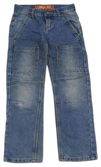 Modré šisované loose fit rifle s nápisy a lebkou DENIM CO